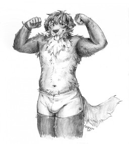anthro bottomwear bulge clothed clothing floppy_ears front_view looking_at_viewer male male_anthro navel open_mouth pose simple_background solo standing tongue tongue_out topless akatan_art canid canine canis domestic_dog mammal hi_res monochrome signature sketch
