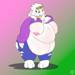 accessory admiring_self anthro belly big_belly big_breasts bottomwear breasts clothing denim denim_bottomwear denim_clothing female flower fur headband huge_belly huge_breasts jeans nipples obese obese_anthro overweight overweight_anthro pants plant simple_background solo stretch_marks sweater topwear torn_clothing white_body white_fur vvitchpunk bovid caprine goat mammal 1:1 hi_res