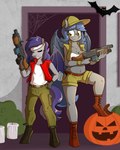 anthro bat_pony breasts brother_(lore) brother_and_sister_(lore) candle cleavage clothed clothing cosplay duo dusk_rhine equid eyes_closed eyewear fan_character female food fruit glasses gun halloween hasbro hi_res holidays jack-o'-lantern male mammal metal_slug my_little_pony older_sister outside plant pumpkin racket_rhine ranged_weapon sibling_(lore) sister_(lore) size_difference smile weapon whatsapokemon younger_brother