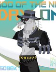 anthro clothing fangs hat headgear headwear looking_at_viewer low_hanging_pants male mask red_eyes solo spikes surfboard tattoo teeth text topwear vest milkyrozen dislyte lilith_games daylon_(dislyte) sobek crocodile crocodilian reptile scalie hi_res