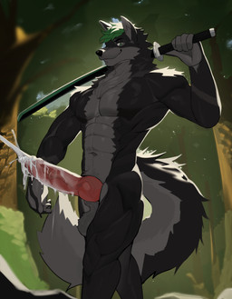 abs animal_genitalia animal_penis anthro athletic athletic_male balls big_penis black_body black_fur bodily_fluids canine_genitalia canine_penis cum ejaculation erection forest fur genital_fluids genitals green_eyes green_hair grey_body grey_fur hair katana knot looking_at_viewer male melee_weapon muscular muscular_male navel pecs penis plant smile solo sword tree vein veiny_penis weapon n-art canid canine canis mammal wolf hi_res