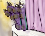 bed claws curtains dirty dirty_feet feet foot_fetish furniture paws smelly soles toe_jam toes muffinvinvin kobold scalie absurd_res hi_res