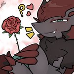 ambiguous_gender anthro biped black_body black_fur flower fur green_eyes grey_body grey_fur looking_at_viewer plant red_body red_fur rose_(flower) simple_background solo svkhaiminh nintendo pokemon generation_5_pokemon pokemon_(species) zoroark 1:1 hi_res