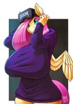 anthro anthrofied big_breasts blue_eyes breasts clothed clothing female fully_clothed hair hoodie huge_breasts pink_hair pink_tail solo tail topwear vr_headset wings yellow_body zwitterkitsune doom_(series) friendship_is_magic hasbro id_software microsoft my_little_pony mythology fluttershy_(mlp) equid equine mammal mythological_creature mythological_equine pegasus 2024 hi_res