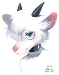 ambiguous_gender anthro black_collar black_horn blue_eyes blush collar eyelashes fur hair horn inner_ear_fluff pink_inner_ear pink_nose simple_background smile solo tuft white_background white_body white_fur white_hair white_inner_ear_fluff kudaaneh n_(kid094ff) bovid caprine goat mammal bust_portrait hi_res portrait