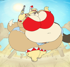 anthro belly belly_expansion belt big_belly big_breasts black_hair body_inflation boots bottomwear breast_expansion breasts brown_eyes clothing crop_top deep_navel expansion female footwear fur gloves gun hair handwear hat headgear headwear huge_belly huge_breasts huge_thighs inflation jacket morbidly_obese morbidly_obese_anthro multicolored_body multicolored_fur navel obese obese_anthro overweight overweight_anthro ranged_weapon shirt shoes shorts solo sun tan_body tan_fur thick_thighs thigh_expansion topwear tube two_tone_body two_tone_fur weapon wild_west virus-20 june_coyote canid canine canis coyote mammal 2024 digital_media_(artwork) hi_res