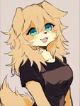 anthro biped blonde_hair blue_eyes clothed clothing female fully_clothed hair open_mouth simple_background solo staff upper_body yellow_eyes eneki_sei bird_dog canid canine canis domestic_dog golden_retriever hunting_dog mammal retriever 3:4 digital_media_(artwork) half-length_portrait portrait