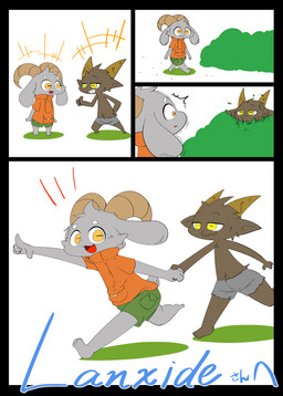 3_toes 4_fingers anthro bottomwear brown_body brown_fur clothed clothing curved_horn duo feet fingers fur gesture green_bottomwear green_clothing green_pants grey_body grey_bottomwear grey_clothing grey_fur hair hand_gesture hand_holding happy horn long_ears male open_mouth orange_clothing orange_shirt orange_topwear pants plant pointing shirt shrub simple_background tail toes topwear walking white_background yellow_eyes young young_anthro young_male oomamoke bolgogi bovid caprine goat mammal absurd_res comic digital_media_(artwork) hi_res