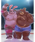 anthro belly bottomwear brown_body brown_fur clothing duo eyes_closed fur horn hug kemono male moobs nipples overweight overweight_male shorts aotoaka nintendo pokemon generation_2_pokemon lagomorph leporid mammal pokemon_(species) rabbit ursaring 2021 absurd_res hi_res