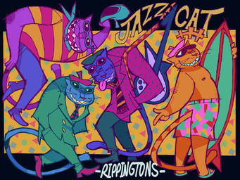 abstract_background anthro bass_guitar beatnik belly beret big_belly biped blue_beret blue_body blue_clothing blue_footwear blue_fur blue_kerchief blue_neckerchief blue_shoes checkered checkered_clothing chin_tuft clenched_teeth clothed clothed_anthro clothed_male clothing curling_tail eyewear facial_hair facial_tuft fangs footwear fully_clothed fully_clothed_anthro fully_clothed_male fur goatee green_beret green_clothing green_footwear green_sandals green_shoes guitar hand_in_pocket hands_in_both_pockets hat headgear headwear holding_object holding_surfboard kerchief looking_at_viewer male mascot multiple_poses musical_instrument neckerchief necktie neckwear nipples open_mouth open_smile orange_nipples orange_nose overweight overweight_anthro overweight_male pattern_clothing pattern_shirt pattern_topwear pink_beret pink_clothing pink_footwear pink_nose pink_shoes pink_swimming_trunks pink_swimwear plucked_string_instrument pockets pose purple_beret purple_body purple_fur sandals scarf sharp_teeth shirt shoes sketchy skinny slim slim_anthro slim_male smile smiling_at_viewer solo standing string_instrument striped_clothing striped_shirt striped_topwear stripes sunglasses surfboard swimming_trunks swimwear tail teeth text tongue tongue_out toothy_grin topless topless_anthro topless_male topwear tuft walking whisker_spots whiskers yellow_body yellow_fur onebadnoodle the_rippingtons jazz_cat domestic_cat felid feline felis mammal character_name colored digital_drawing_(artwork) digital_media_(artwork) english_text flat_colors hi_res multiple_images sketch