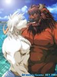 abs age_difference anthro anthro_on_anthro barazoku beach beard biceps big_muscles biped blue_sky cheek_tuft chest_tuft clothed clothing cloud curved_horn day depth_of_field detailed_background duo eyebrows eyes_closed facial_hair facial_tuft front_view fur fur_tuft hair half-closed_eyes horizon horn huge_muscles imminent_kiss larger_male light long_hair male male/male mane mane_hair manly mature_anthro mature_male muscular muscular_male narrowed_eyes nature nipples open_mouth outside pecs perspective romantic romantic_couple sea seaside seductive side_view size_difference sky smaller_male snout sparkles speedo standing stocky sun swimwear teasing teeth tongue topless triceps tuft water wet wet_body wet_fur european_mythology greek_mythology mythology kazuma bovid bovine mammal minotaur 2003 3:4 cel_shading detailed digital_media_(artwork) half-length_portrait portrait shaded signature