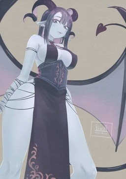 2_horns big_breasts black_hair breasts butt clothed clothed_female clothed_humanoid clothing curved_horn ear_piercing ear_ring female grey_background hair horn looking_at_viewer low-angle_view membrane_(anatomy) membranous_wings nipple_outline piercing pointy_ears ring_piercing simple_background solo spade_tail tail thick_thighs three-quarter_view white_body white_skin wide_hips wings iimia demon demon_humanoid humanoid winged_humanoid 2025 dated digital_drawing_(artwork) digital_media_(artwork) hi_res japanese_description portrait signature three-quarter_portrait