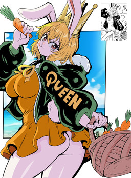 anthro basket big_breasts blonde_hair breasts butt carrot clothing container cotton_tail crown dress eating eyelashes female female_anthro food fur hair headgear holding_basket holding_container holding_food holding_object jacket looking_at_viewer nipple_outline plant solo text text_on_clothing thick_thighs topwear vegetable white_body white_fur wide_hips bocodamondo lewdamone one_piece carrot_(one_piece) lagomorph leporid mammal rabbit 2026 absurd_res english_text hi_res reference_image