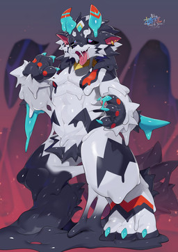 2_horns anthro big_feet black_body black_fur black_sclera blue_eyes claws feet fur goo_transformation horn male muscular open_mouth solo tongue tongue_out transformation white_body white_fur merunmohu canid canine canis mammal wolf 2026 absurd_res hi_res