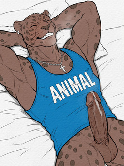anthro athletic balls bed bodily_fluids bottomless clothed clothing cross cross_necklace cum_strand drooling ear_piercing ear_ring erection eyes_closed foreskin furniture genitals glans grin hands_behind_head humanoid_genitalia humanoid_penis jewelry lying male necklace on_back on_bed penis piercing pillow retracted_foreskin ring_piercing saliva shirt smile solo tank_top topwear binglinhuhu felid mammal pantherine hi_res