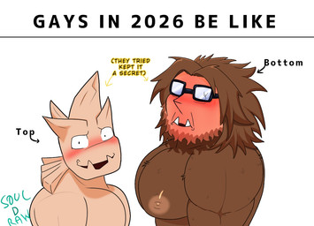 anthro brown_body brown_fur brown_hair duo embarrassed eyewear fur glasses hair horn male male/male muscular muscular_anthro muscular_male nipples nude nude_male pecs surprised wearing_glasses soul_d_raws gays_in_2025_be_like my_hero_academia jurota_shishida koji_koda humanoid 2026 digital_drawing_(artwork) digital_media_(artwork) meme