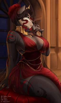 anthro biped breasts claws clothed clothed_anthro clothed_female clothing dress female fingers front_view hair inside night sitting sky smile solo star teeth window valeris canid canine mammal 2026 absurd_res digital_drawing_(artwork) digital_media_(artwork) hi_res