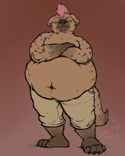 4_toes anthro barefoot belly big_belly biped black_claws black_nose bottomwear brown_background brown_body brown_fur brown_spots brown_tail claws clothed clothing crossed_arms ears_down eyebrows feet front_view fur grumpy hair looking_at_viewer male markings mohawk multicolored_body multicolored_fur multicolored_tail navel overweight overweight_anthro overweight_male pink_eyes pink_hair pivoted_ears plantigrade short_hair shorts simple_background solo spots spotted_body spotted_fur standing tail tan_body tan_bottomwear tan_clothing tan_fur tan_shorts tan_tail toe_claws toes topless two_tone_body two_tone_fur two_tone_tail nommz raf_(indigorho) hyena mammal spotted_hyena 2017 4:5 digital_media_(artwork) full-length_portrait hi_res portrait signature