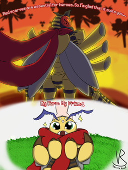 4_arms antennae_(anatomy) anthro female feral headpat holding_object holding_weapon insect_wings looking_at_viewer looking_back looking_back_at_viewer machine mostly_nude multi_arm multi_limb rear_view scarf scarf_only simple_background solo sparkles sparkling_eyes sunset text weapon wings vanilla_road bandai_namco digimon android arthropod bee digimon_(species) fanbeemon hymenopteran insect robot robot_anthro tigervespamon 3:4 english_text hi_res