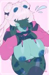 anthro bangs big_breasts blep breasts camel_toe clothed clothing cropped_hoodie female front_view green_body green_scales hair huge_breasts legwear long_ears panties partially_clothed scales skimpy solo thigh_highs tongue tongue_out underwear white_hair nyufluff meme_clothing paggi_outfit monster scalie unknown_species hi_res meme