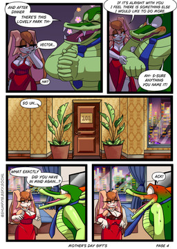 anthro big_breasts blush blush_lines bodily_fluids bra breasts clothed clothing dominant dominant_female dress duo eyebrows female flustered gem gloves handwear hotel jewelry makeup male male/female mature_female necklace necktie nervous nervous_smile nervous_sweat pearl_(gem) pearl_necklace removed_clothing shocked surprised sweat teasing text thick_eyebrows underwear shumpy sega sonic_the_hedgehog_(series) vanilla_the_rabbit vector_the_crocodile crocodile crocodilian lagomorph leporid mammal rabbit reptile scalie absurd_res comic english_text hi_res