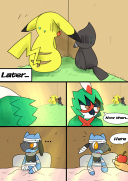 5_panel_comic ambiguous_gender anthro apple bandage beak bed bedding black_text blanket blue_body bodily_fluids cheek_spots day dialogue ellipsis eyebrows feathers feral food fruit furniture grass group holding_apple holding_food holding_fruit holding_object light on_bed open_mouth orange_eyes paws pillow plant pupils red_cheeks red_pupils sitting sitting_on_bed speech_bubble sunlight sweat sweatdrop tail tail_feathers talking_to_another text text_box wall_(structure) white_sclera wings yellow_body sawlamander nintendo pokemon pokemon_mystery_dungeon spike_chunsoft decidueye generation_1_pokemon generation_4_pokemon generation_7_pokemon pikachu pikipek pokemon_(species) riolu 2026 comic english_text hi_res female_(lore) male_(lore)