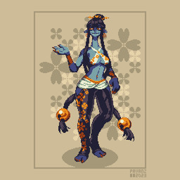 anthro armband bangs blue_body blue_skin bottomwear breasts cleavage clothed clothing colored_nails fangs female hair hair_bun legwear loincloth long_hair long_neck midriff multicolored_body multicolored_skin nails sling_bra solo stirrup_legwear stirrup_stockings stockings teeth two_tone_body two_tone_skin yellow_sclera pavanz unnamed_character ambiguous_species demon humanoid reptile scalie 1:1 digital_media_(artwork) pixel_(artwork)