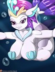 anthro big_breasts bra breasts bubble butt clothing crown eyelashes eyeshadow female fin hair headgear makeup navel patreon_logo purple_eyes purple_hair seashell seashell_bra shell smile solo text underwater underwear water white_body novaspark friendship_is_magic hasbro my_little_pony my_little_pony:_the_movie_(2017) patreon queen_novo_(mlp) fish marine seapony_(mlp) absurd_res hi_res url