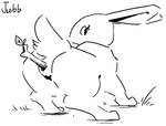 all_fours ambiguous_gender anal_storage anus butt cavity_storage ears_back eyelashes feral grass improvised_sex_toy looking_back object_in_ass pivoted_ears plant rabbit_ears raised_tail rear_view scut_tail short_tail simple_background solo stick stick_in_anus tail text white_background jubb lagomorph leporid mammal rabbit 2022 artist_name black_and_white monochrome