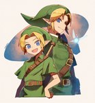 2023 blonde_hair blue_eyes clothing elf fairy group hair hi_res humanoid humanoid_pointy_ears hylian kuroi_susumu light_body light_skin link looking_at_viewer male navi nintendo not_furry ocarina_of_time open_mouth open_smile signature simple_background smile square_crossover the_legend_of_zelda trio young_link