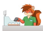 anthro cashier clothed clothing computer egg electronics female furniture mouthless raised_tail scan simple_background solo standing table tail tomboy white_background pencil_bolt red_beans_(pencil_bolt) mammal rodent sciurid tree_squirrel hi_res