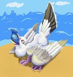 beach eating feral feral_pred feral_prey neck_bulge pink_eyes raised_head sea seaside vore water gyrotech gecko_(sushigoat) avian bird fish gull lari larid marine hi_res