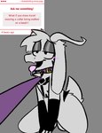 anthro armwear bdsm bedroom_eyes black_armwear black_clothing blush bodily_fluids clothing drooling fur horn leash male narrowed_eyes petplay purple_leash roleplay saliva seductive sitting sitting_on_ground solo text tongue tongue_out white_body white_fur thatrabiddog undertale undertale_(series) asriel_dreemurr_(god_form) english_text hi_res