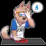 1:1 2017 alpha_channel anthro blue_eyes canid canine canis clothing cobaltsynapse facepalm fifa fur male mammal mascot shirt simple_background solo speech_bubble tan_body tan_fur text text_on_clothing text_on_shirt text_on_topwear topwear transparent_background wolf young young_anthro young_male zabivaka