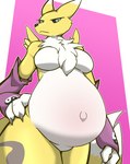 anthro armwear armwear_only belly big_belly breasts bridal_gauntlets bridal_gauntlets_only clothing female fur looking_at_viewer mostly_nude navel neck_tuft pregnant pregnant_anthro pregnant_female solo tuft yellow_body yellow_fur dima_(artist) bandai_namco digimon canid digimon_(species) mammal renamon absurd_res hi_res