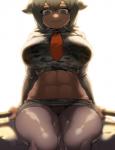 abs big_breasts bottomwear breasts brown_body brown_eyes brown_hair brown_skin camo camo_print clothed clothing dark_body dark_skin female hair horn legwear midriff muscular muscular_female muscular_humanoid navel necktie short_hair sitting skirt smile solo tights upskirt pinkboy kemono_friends aurochs_(kemono_friends) animal_humanoid aurochs_humanoid bovid bovid_humanoid bovine bovine_humanoid humanoid mammal mammal_humanoid hi_res