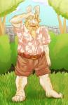 anthro arm_hair barefoot beard biped blonde_hair body_hair chest_hair clothing facial_hair feet flower garden hair horn leg_hair mustache outside plant simple_background solo rawrrarr undertale undertale_(series) asgore_dreemurr boss_monster_(undertale) bovid caprine mammal hi_res