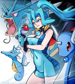 blue_clothing blue_gloves blue_hair blue_handwear clothing female gloves group gym_leader hair handwear open_mouth pokeball red_eyes sharp_teeth standard_pokeball teeth jrpuls3 nintendo pokemon clair_(pokemon) dragonair generation_1_pokemon generation_2_pokemon gyarados human kingdra mammal pokemon_(species) absurd_res hi_res