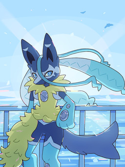 ambiguous_gender anthro blue_eyes featureless_crotch fur grey_body grey_fur multicolored_body sea solo water yellow_body yellow_fur nekogyo122 nintendo pokemon pokemon_legends_z-a ambient_flier generation_9_pokemon mega_evolution mega_lucario_z pokemon_(species) 2026 3:4 absurd_res hi_res