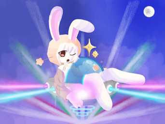 anthro blue_background clothed clothing femboy forcefield genitals hair hoodie lights looking_at_viewer male moon one_eye_closed open_mouth open_smile outside penis pink_penis simple_background sky smile solo sparkles topwear ufo white_body white_hair wink bunnywaffle lagomorph leporid mammal rabbit hi_res