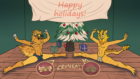 anthro ballbusting balls bulge christmas_tree clothed clothing cock_and_ball_torture detailed_background detailed_bulge duo erection erection_under_clothing flexible fluffy fluffy_tail fur genital_torture genitals holidays horn machine male mostly_nude neck_tuft pain plant pose splits spread_legs spreading tail text tree tuft visor kimero_kat christmas mythology wise_protogen dragon furred_dragon furred_scalie mythological_creature mythological_scalie nardoragon protogen scalie 16:9 4k absurd_res flat_colors hi_res widescreen