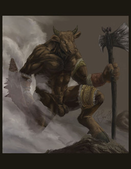 animal_genitalia anthro axe border double_bitted_axe fully_sheathed genitals holding_object holding_weapon hooves horn male melee_weapon muscular muscular_anthro muscular_male nude penis sheath solo warrior weapon yellow_border negy european_mythology greek_mythology mythology bovid bovine mammal minotaur hi_res