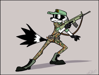 anthro black_border boots border bottomwear camo camo_bottomwear camo_clothing camo_pants camo_print camo_topwear clothing footwear gloves gun handwear hat headgear headwear male pants pattern_bottomwear pattern_clothing pattern_pants pattern_topwear ranged_weapon rolled_up_sleeves shoes solo topwear weapon zoohipster nintendo pokemon red_(weldbro59) galarian_form galarian_zigzagoon generation_8_pokemon pokemon_(species) regional_form_(pokemon) hi_res