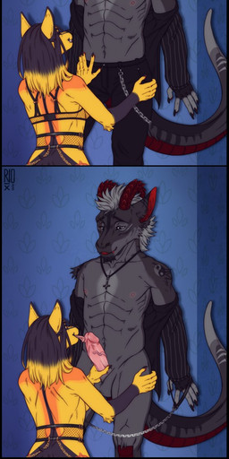 anthro anthro_on_anthro balls black_body black_bottomwear black_clothing black_fur black_hair black_pants black_topwear blonde_hair bottomless bottomwear clothed clothing duo erection female fur genitals glans glistening glistening_eyes grey_balls grey_body grey_eyes grey_fur grey_hair grin hair humanoid_genitalia humanoid_penis licking lingerie logo looking_down looking_down_at_partner looking_up_at_partner male male/female narrowed_eyes oral orange_body orange_fur pants penile penis penis_lick pink_glans pink_penis sex simple_background smile standing tongue tongue_out topwear yellow_body yellow_fur riorix 2020 artist_logo dated hi_res