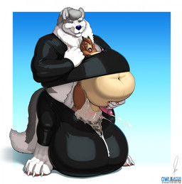 anthro balls barefoot big_balls big_penis bodily_fluids claws cum cum_inflation cum_inside duo ejaculation feet fluffy fluffy_tail genital_fluids genitals hands-free horn huge_balls huge_penis hyper hyper_balls hyper_genitalia hyper_penis inflation latex looking_pleasured male male/male navel paws penis tail owligatorstudios bovid canid canine caprine goat mammal 2024 hi_res