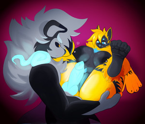 animal_genitalia animal_penis anthro areola balls big_breasts black_body black_fur black_hair black_nose black_pawpads black_sclera blonde_hair blue_body blue_eyebrows blue_eyes blue_fur blue_penis blue_pubes bodily_fluids breasts butt canine_genitalia claws duo erection eyebrows facial_markings facial_piercing facial_tuft feet female fur genitals glowing glowing_genitalia glowing_penis grey_body grey_fur grey_hair hair hand_on_butt head_markings imminent_sex looking_at_another looking_at_partner looking_down looking_down_at_genitalia looking_down_at_partner looking_down_at_penis lying male male/female markings multicolored_body multicolored_fur multicolored_hair nipple_piercing nipples nose_piercing nose_ring nude on_back orange_eyes pawpads paws penis piercing presenting presenting_penis pubes purple_background ring_piercing sex simple_background smile tail teeth thick_thighs toes tuft two_tone_body two_tone_fur two_tone_hair vulva yellow_body yellow_fur kureto nintendo pokemon nikita_sakimoto_(zeddkatt) canid canine canis felid feline generation_7_pokemon legendary_pokemon lycanroc mammal pokemon_(species) zeraora digital_media_(artwork) hi_res