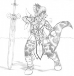 anthro claymore clothing dress female muscular muscular_anthro muscular_female simple_background solo tail templar white_background wings arche_kruz angel felid hybrid leopard mammal pantherine graphite_(artwork) greyscale hi_res monochrome traditional_media_(artwork)