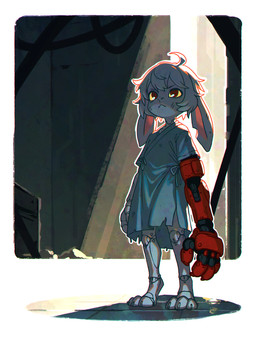 3_toes 4_fingers :< ahoge anthro bangs biped blue_clothing clipped_ear clothing cybernetic_arm cybernetic_leg cybernetic_limb feet female female_anthro fingers flat_chested fur grey_body hair inside patient_gown red_body red_eyes short_hair solo standing toes white_body white_fur yellow_sclera polygoncherub clover_(polygoncherub) lagomorph leporid mammal rabbit robot_anthro 2025 3:4 colored detailed digital_drawing_(artwork) digital_media_(artwork) full-length_portrait hi_res portrait shaded