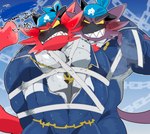 anthro big_muscles blush bodily_fluids clothing duo jewelry kerchief male muscular necklace pecs skinsuit smile sweat tail tape teeth tight_clothing hyaku_(artist) nintendo pokemon team_aqua archie_(pokemon) domestic_cat felid feline felis generation_7_pokemon incineroar mammal pokemon_(species) hi_res