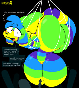 ambiguous_gender anthro arms_tied ballbusting balls baseball_bat bat_(object) bdsm big_balls big_butt big_penis black_background black_nose blue_hair blush bodily_fluids bondage bound boundage butt cock_and_ball_torture fur genital_torture genitals group hair huge_balls huge_butt humanoid_genitalia humanoid_penis hyper hyper_balls hyper_genitalia imminent_ballbusting imminent_castration imminent_pain imminent_torture imminent_urethral_penetration legs_tied looking_at_viewer male male/ambiguous massive_balls multicolored_balls multicolored_body multicolored_fur multicolored_hair multicolored_penis nail_(weapon) needle_and_thread nervous nude open_mouth penis pinata questionable_consent restraints simple_background smile sounding_rod submissive sweat sweatdrop text thick_thighs tongue wide_hips sundaebunnyx animate_inanimate canid canine canis domestic_dog living_pinata mammal absurd_res digital_media_(artwork) english_text hi_res